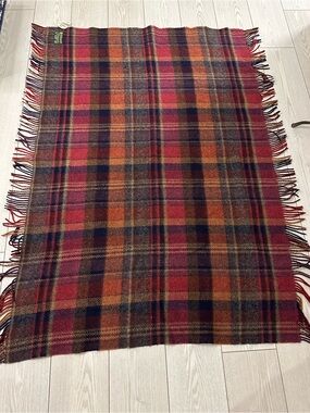 Plaid Wool Throw Blanket - Red & Orange Pure Wool Knee Rug